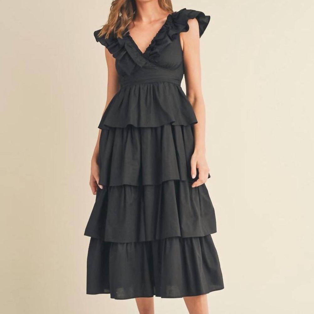 Chic Black Ruffle Tiered Midi Black Dress | Size M| Fully Lined Cotton| NWT